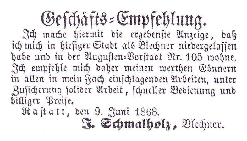 Zeitungsanzeige von J. Schmalholz, Blechner, Rastatt, 9. Juni 1868