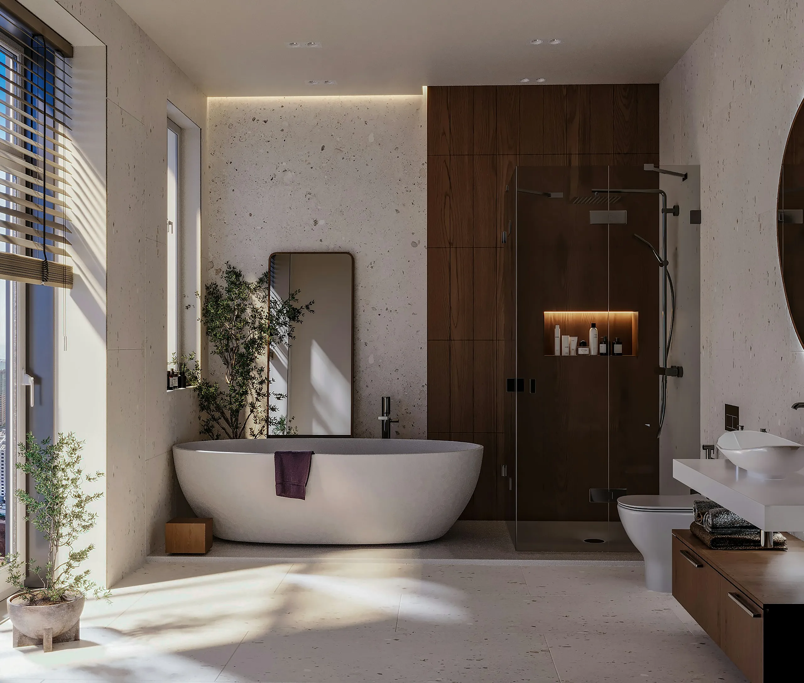 Modernes Badezimmer mit freistehender Badewanne und begehbarer Dusche